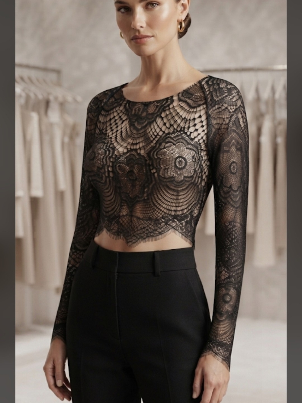 For Love & Lemons Black Floral Lace Cropped Long-Sleeve Top